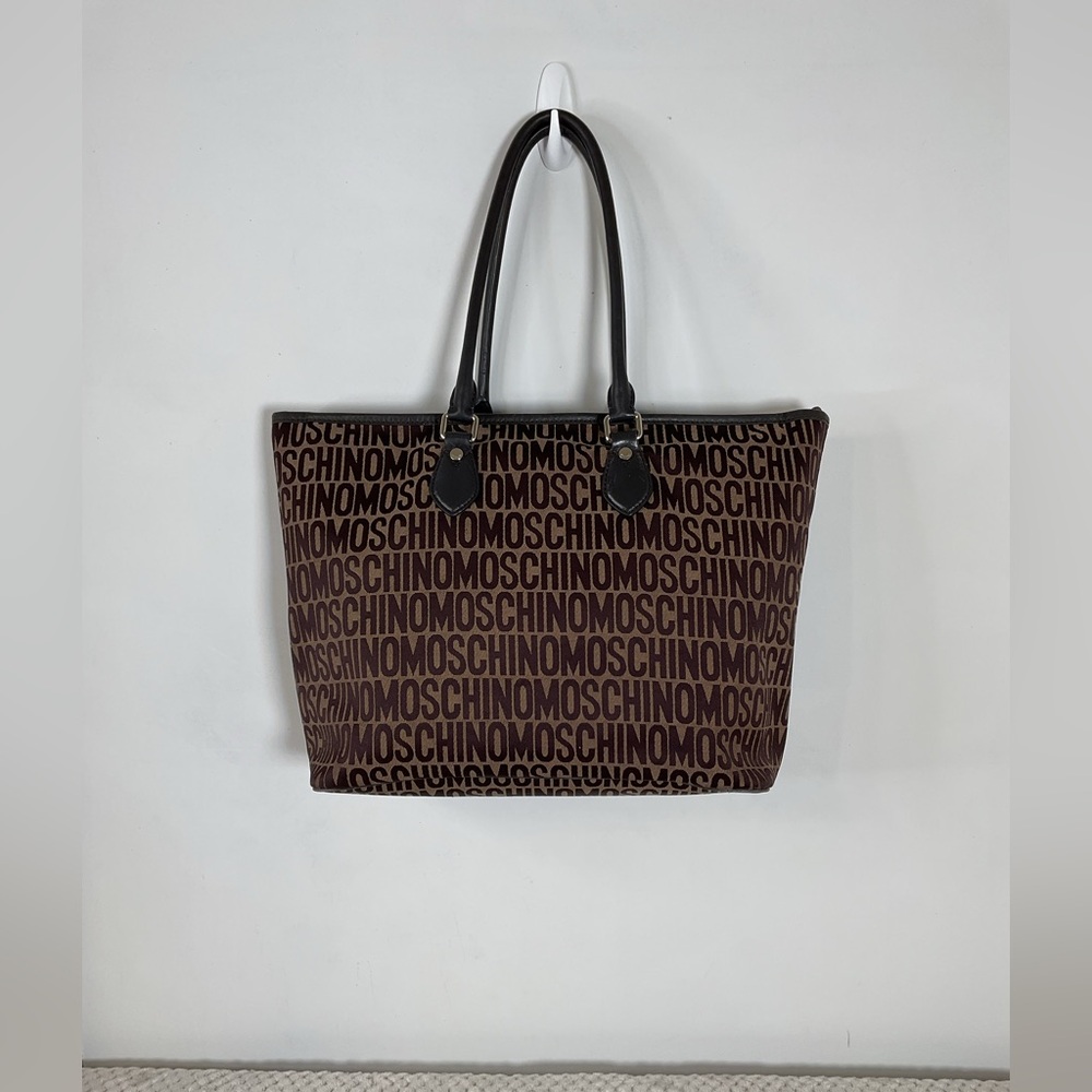 Moschino Brown Logo Jacquard Tote with Black Handles